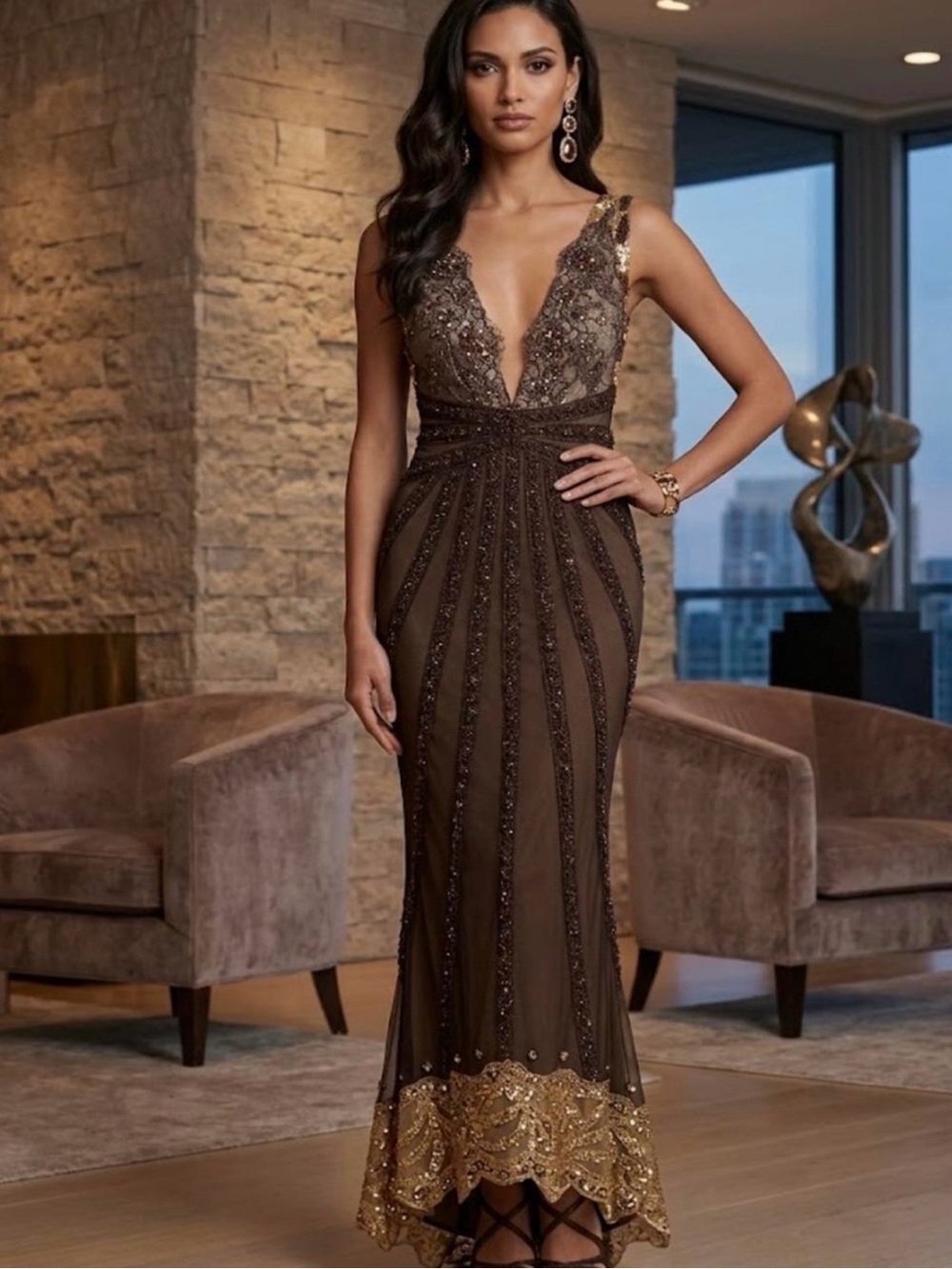 Sleeveless Brown Maxi Dress with Gold Embellished Hem